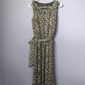 MSK Midi Dress Wrap Tie Around Waist Black & White Leaves Pattern Women's 8 Belt